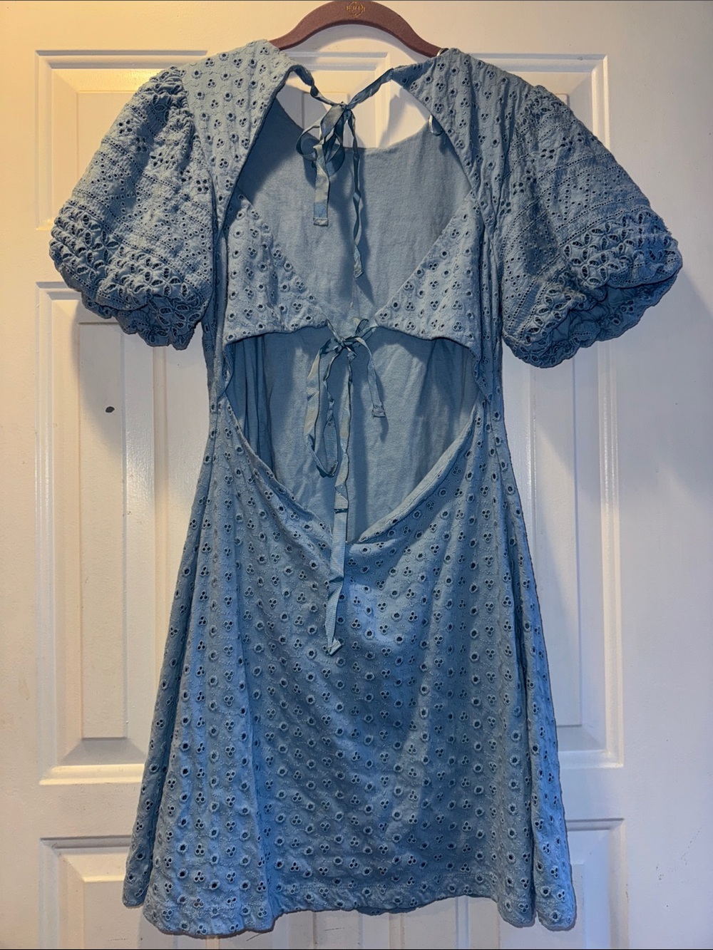 Free People Light Blue Eyelet Mini Dress with Puff Sleeves Size Small - Picture 3 of 13